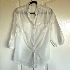 Chico’s mandarin collar placard pocket puff 3/4 sleeve white sheer blouse medium